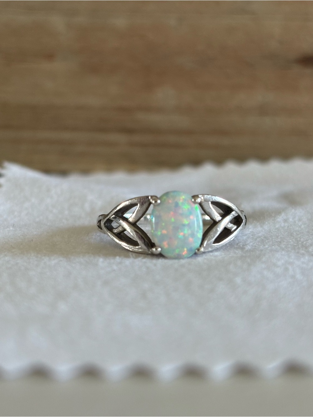 Sterling Silver Simulated Opal Celtic Knot Ring - White Opal